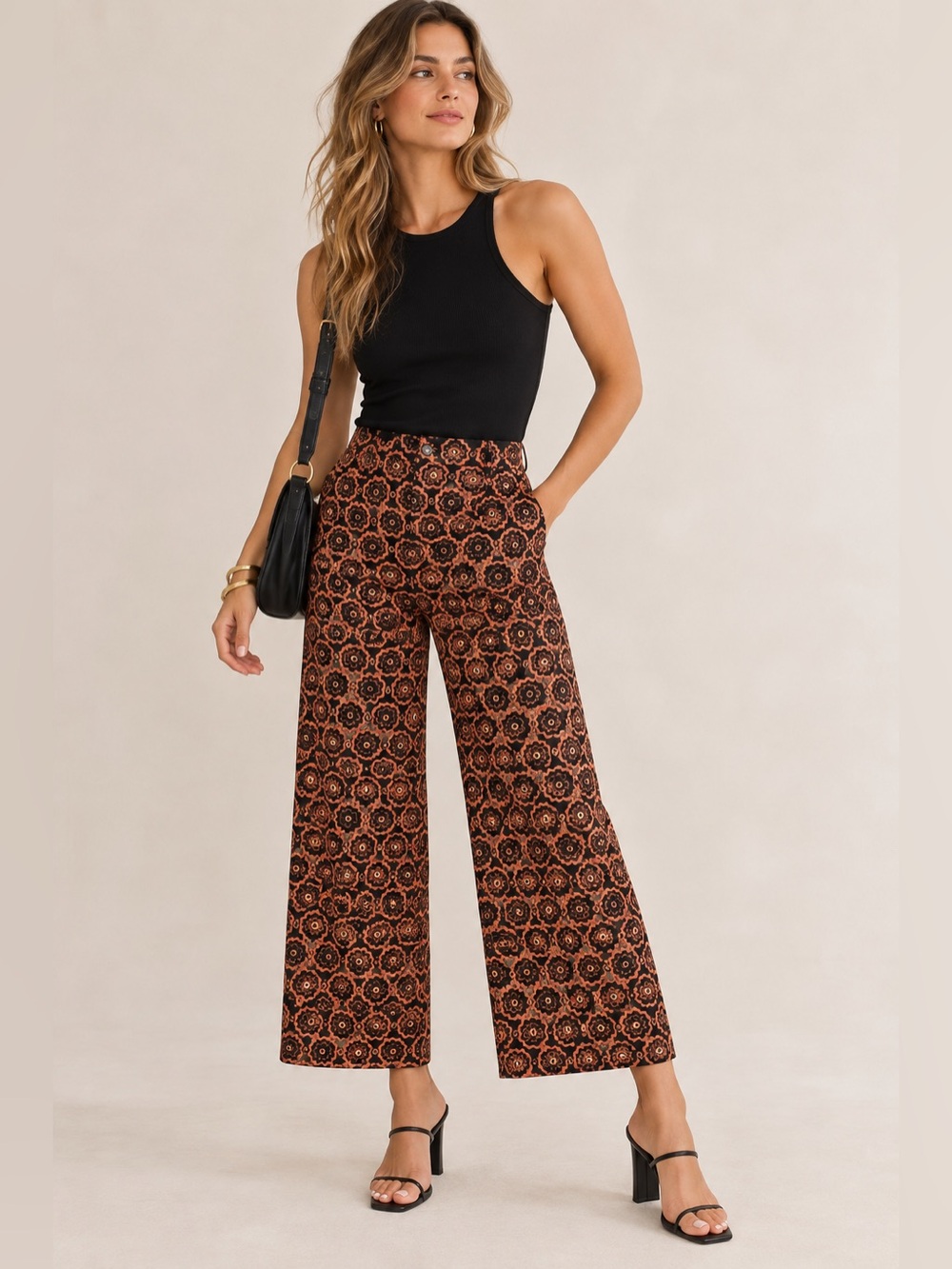 Maeve The Colette Cropped Wide-Leg Trousers Black Orange Floral Size 29